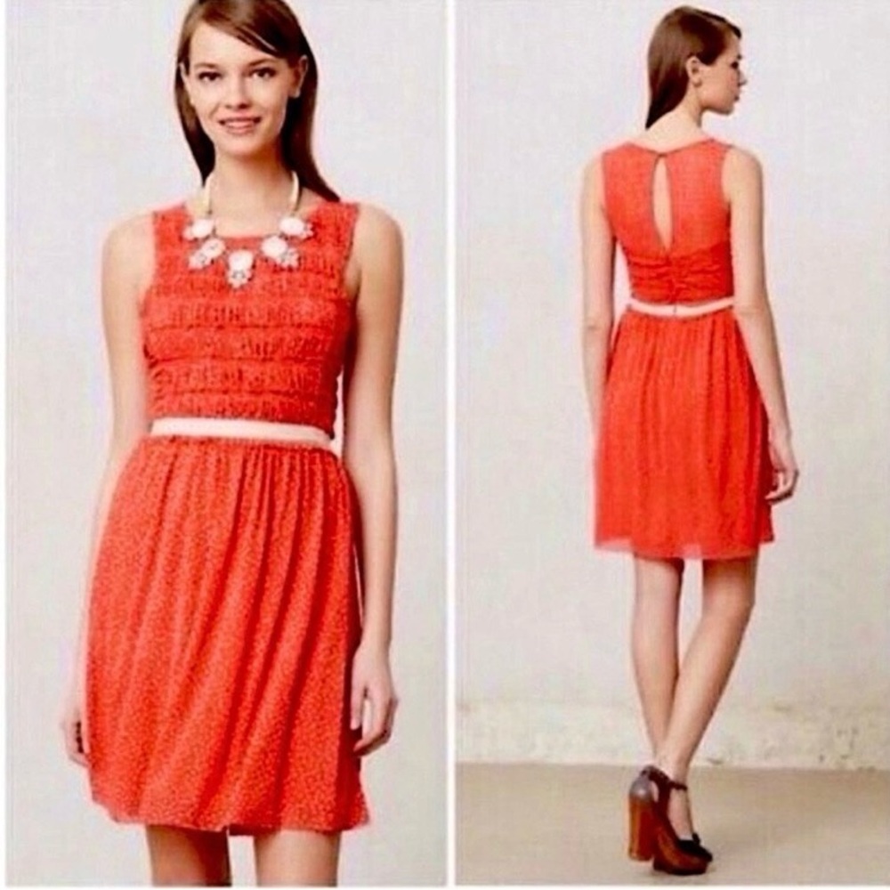 Anthropologie Postmark Retro Poppy Red Cream Smocked Polka Dot Dress Size Small